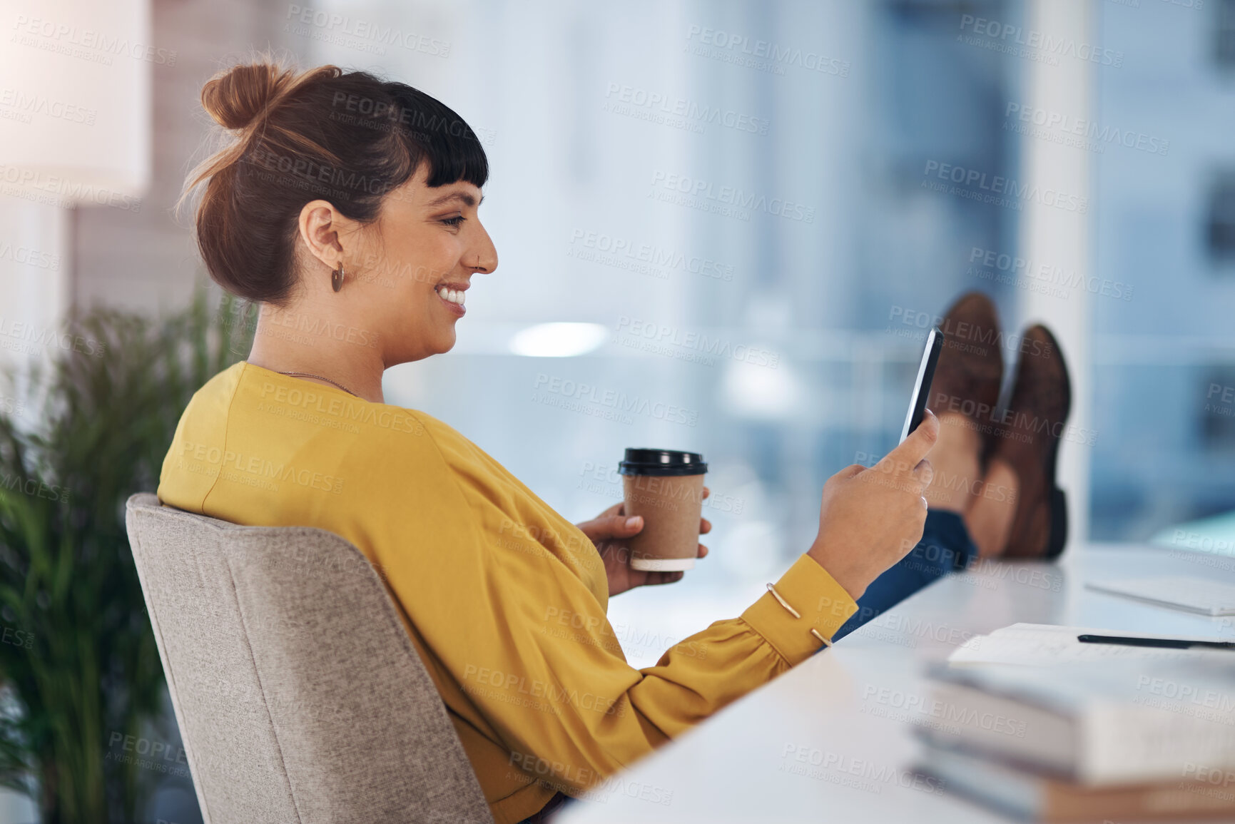 Buy stock photo Phone, office and business woman with coffee at desk for social media, website and research. Creative, professional and person on smartphone in workplace with beverage, caffeine and tea on break