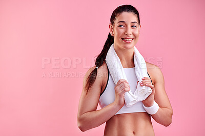 Buy stock photo Studio, woman and thinking with towel for fitness, sports practice and exercise for game challenge. Mockup space, female person and athlete with smile for training, competition and pink background