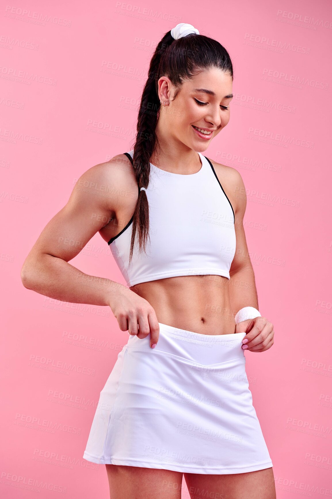 Buy stock photo Studio, woman and smile with abs for fitness, sports practice and exercise for game challenge. Break, female person and athlete with confidence for training, competition and happy by pink background