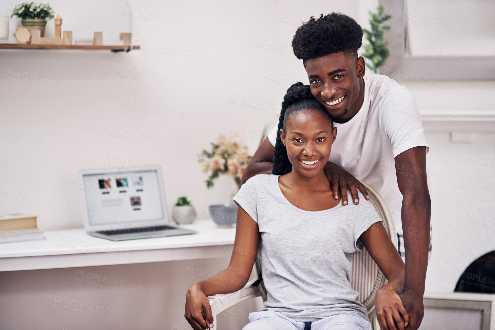 Buy stock photo Black couple, portrait and happy in apartment in morning for bonding, care and support. Relationship, people and love with smile on break at home to relax, chill and rest for commitment as lovers