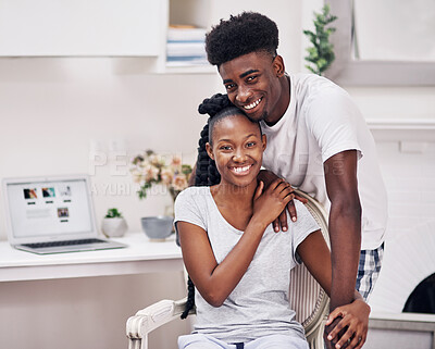 Buy stock photo Black couple, portrait and smile in apartment in morning for bonding, care and support. Relationship, people and happy or excited on break at home to relax, chill and rest for commitment as lovers