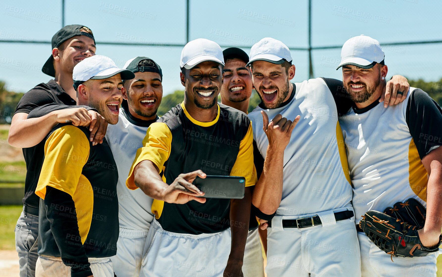 Buy stock photo Men, baseball and team with selfie outdoor for competition training, social media and professional match. Athlete friends, player and diversity group on field with photography for tournament memory