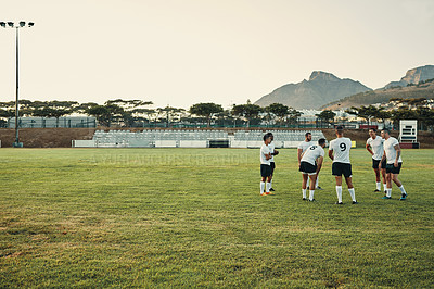 Buy stock photo Fitness, rugby and training with team of people outdoor on field together for competition or challenge. Exercise, performance and sports with player group on grass for start of game or match