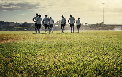 Buy stock photo Fitness, performance and rugby with team of people outdoor on field together for competition or challenge. Exercise, sports and training with player group on grass for start of game or match