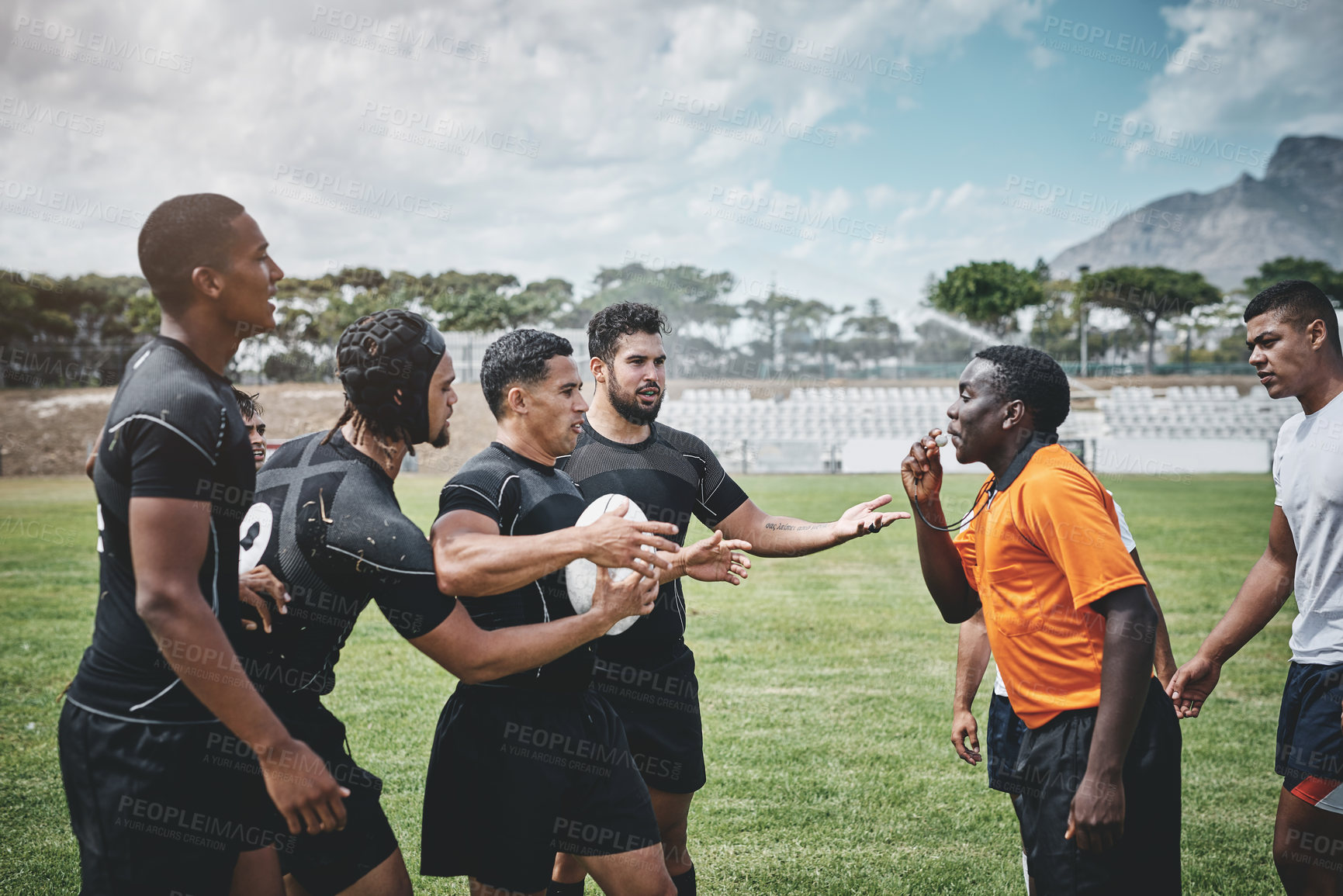 Buy stock photo Rugby, team and referee with penalty in game on field for foul play, warning and rules of match. Sport, players and umpire blow whistle for punishment, mistake and compliance with men in disagreement