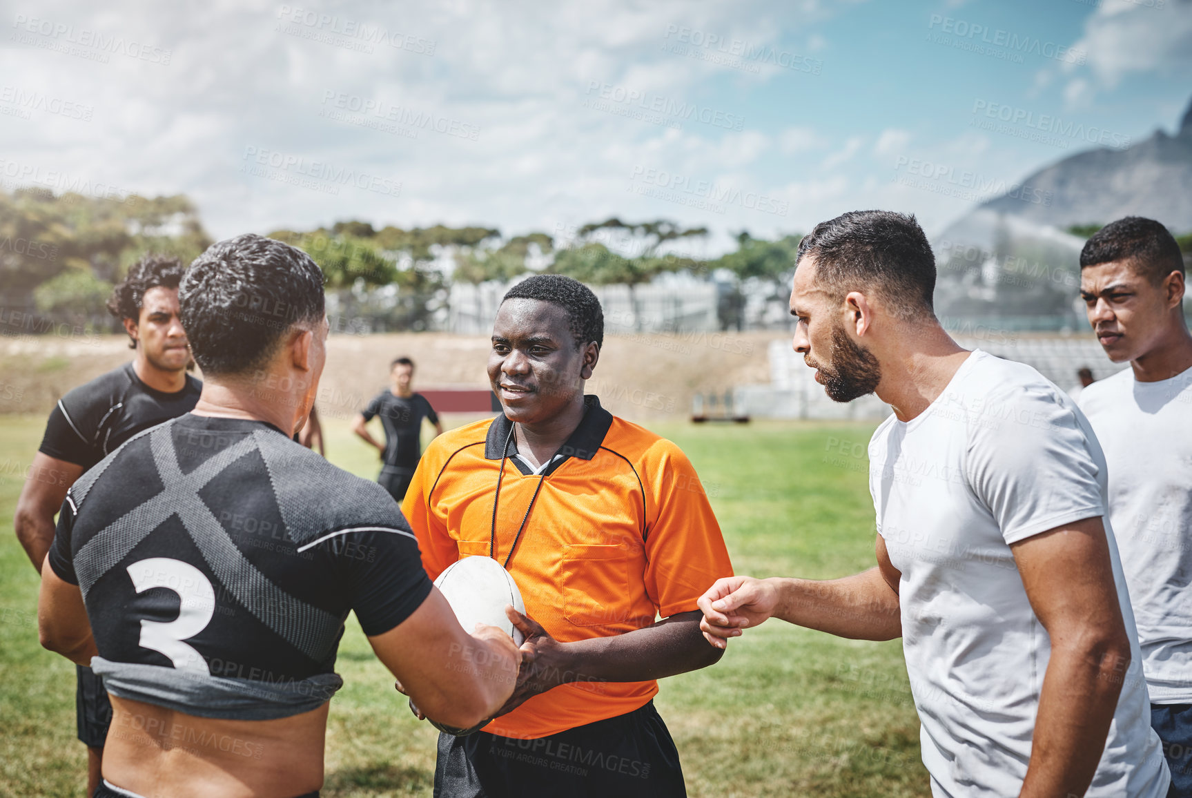 Buy stock photo Rugby, team and player with penalty from referee on field for game foul play, warning or rules of match. Sport, people and punishment on stadium for mistake, compliance and disagreement in tournament