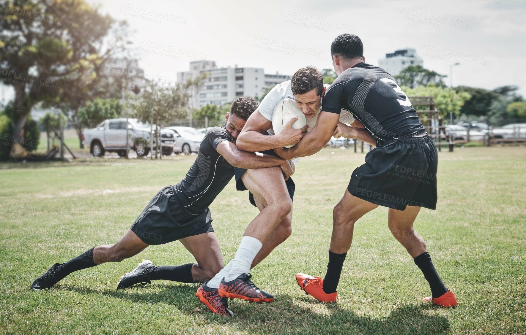 Buy stock photo Sport, rugby and team with playing on field for tournament match, competition or tackle with ball. Strong athlete, men and player in game with performance, action or fitness on grass pitch at stadium