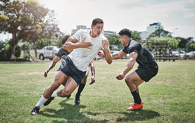 Buy stock photo Sport, rugby and team with player on field for tournament match, competition or tackle with ball. Strong athlete, men and playing in game with performance, action or fitness on grass pitch at stadium