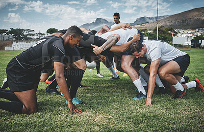 Buy stock photo Stadium, rugby and scrum with men on field for fitness, sports and premiership league. Challenge, training and competition with group of people in club for games tournament, athlete and teamwork