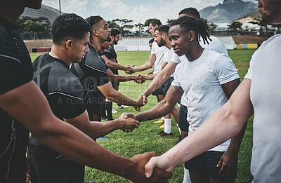 Buy stock photo Match, rugby and handshake with men on field for stadium, sportsmanship and premiership league. Tradition, respect and competition with people in club for tournament, games ceremony and teamwork