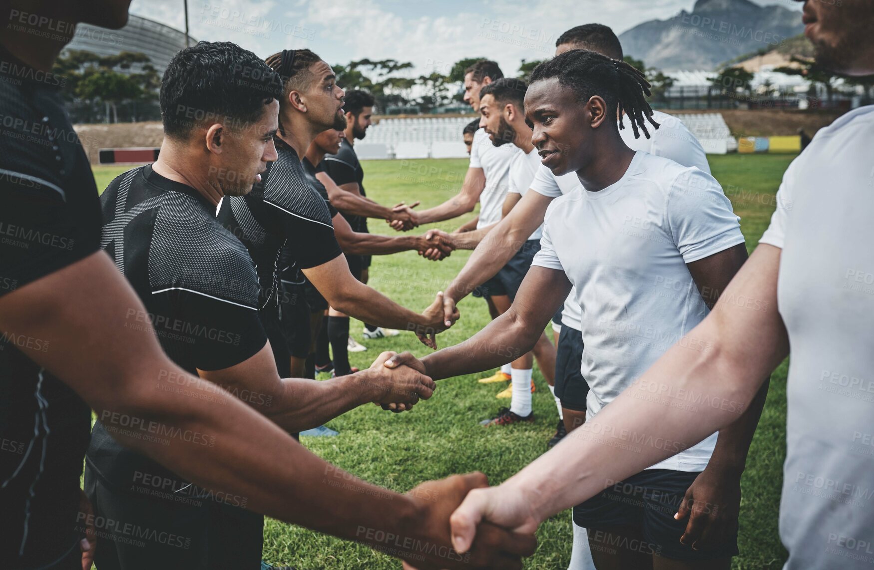 Buy stock photo Match, rugby and handshake with men on field for stadium, sportsmanship and premiership league. Tradition, respect and competition with people in club for tournament, games ceremony and teamwork