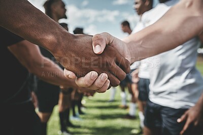 Buy stock photo Closeup, rugby and handshake with men on field for stadium, sportsmanship and premiership league. Tradition, respect and competition with people in club for tournament, games ceremony and teamwork