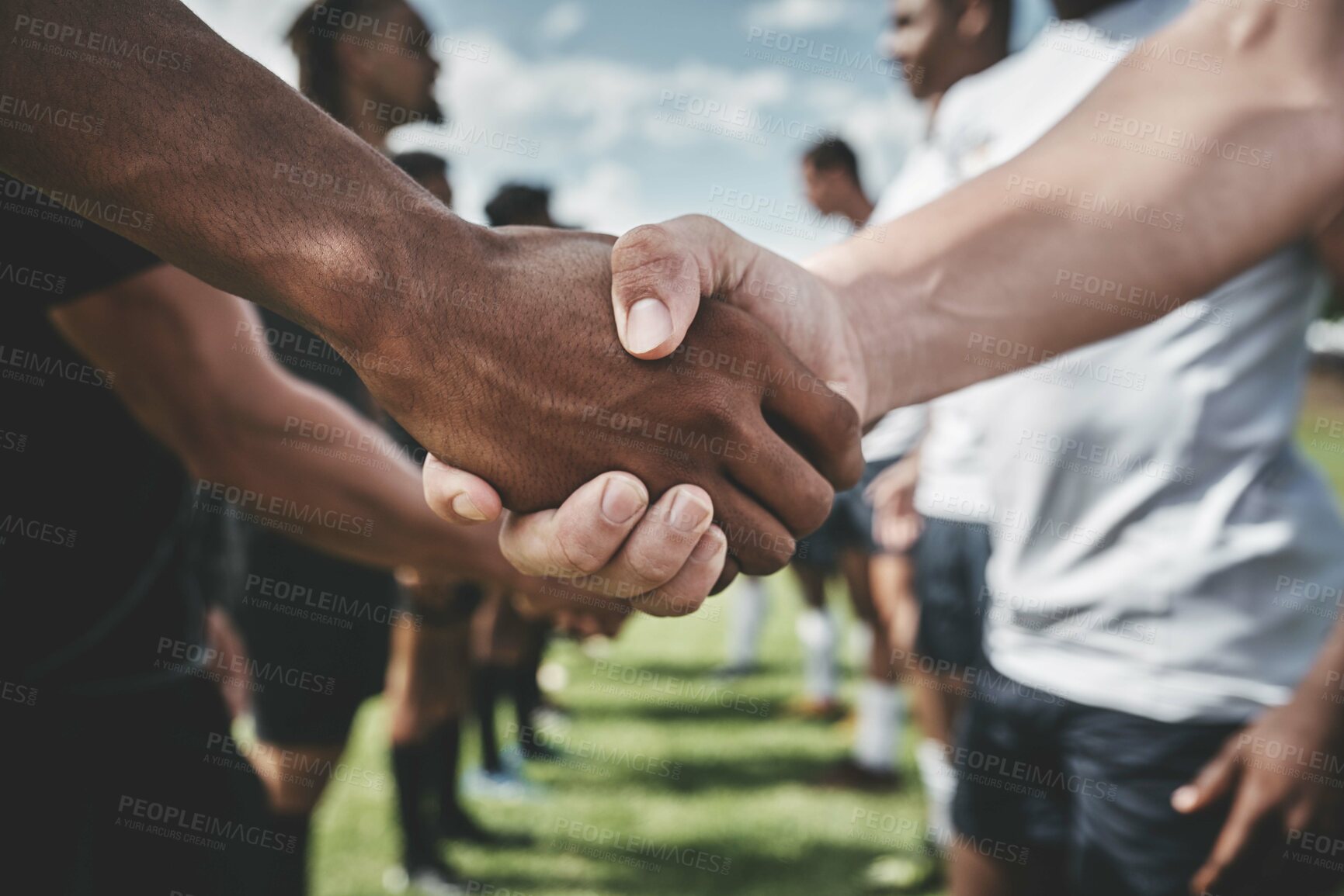 Buy stock photo Closeup, rugby and handshake with men on field for stadium, sportsmanship and premiership league. Tradition, respect and competition with people in club for tournament, games ceremony and teamwork