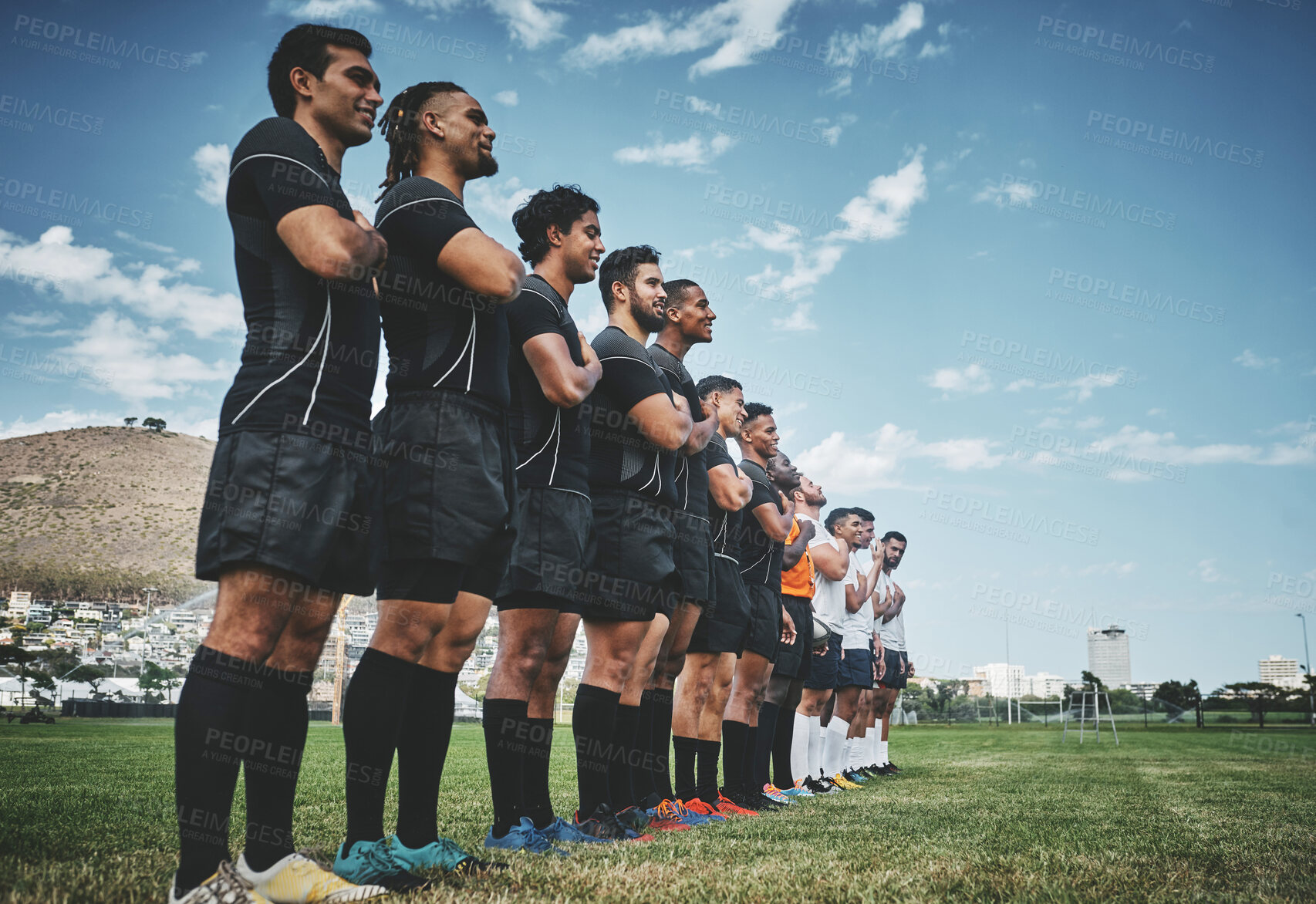 Buy stock photo Community, rugby and anthem with men on field for stadium, sports and premiership league. Patriotism, athlete and competition with people in training club for tournament, games ceremony and teamwork