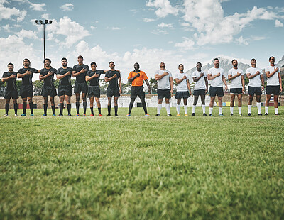 Buy stock photo Ceremony, rugby and anthem with men on field for stadium, community and premiership league. Patriotism, sports athlete and competition with people in training club for tournament, games and teamwork