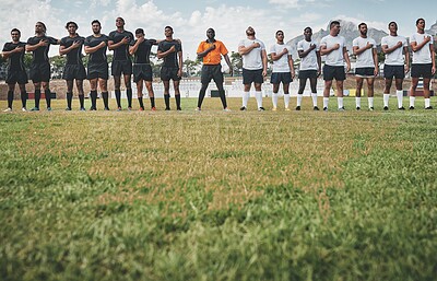 Buy stock photo Sports, rugby and anthem with men on field for stadium, community and premiership league. Patriotism, athlete and competition with people in training club for tournament, games ceremony and teamwork