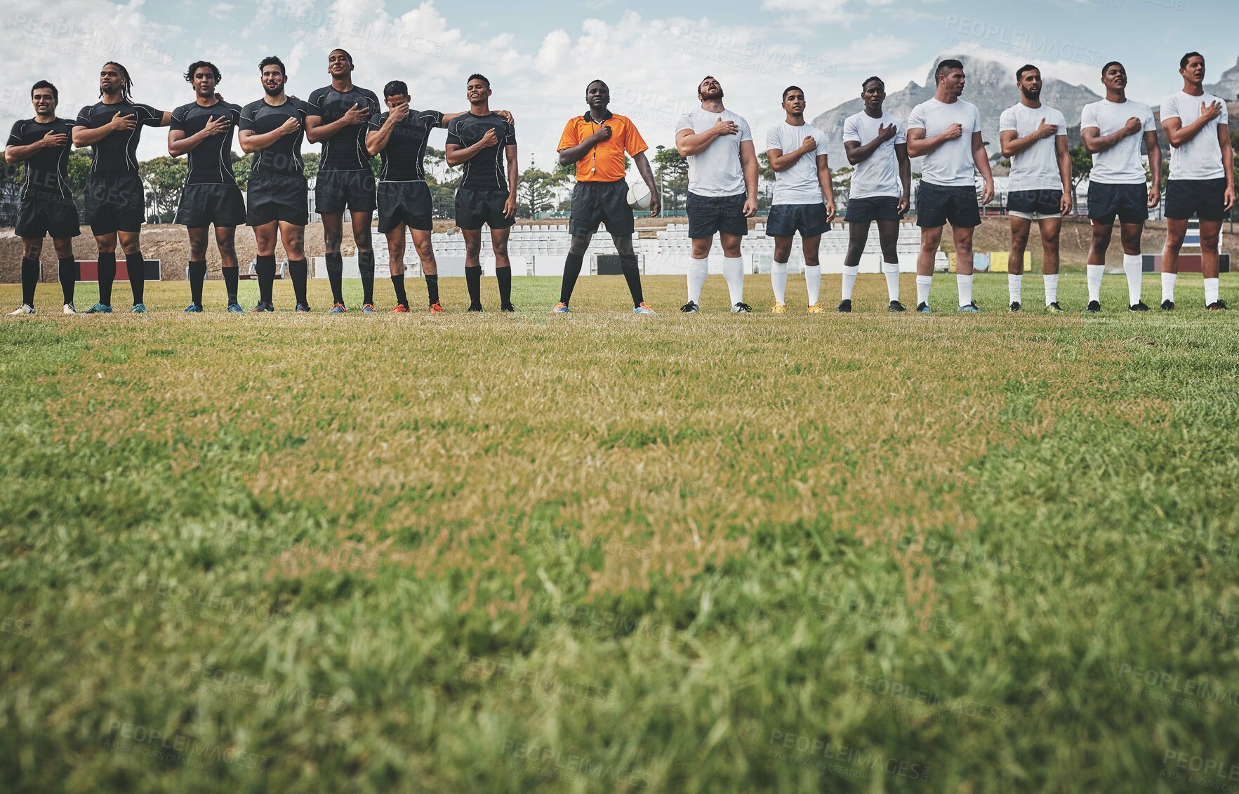 Buy stock photo Sports, rugby and anthem with men on field for stadium, community and premiership league. Patriotism, athlete and competition with people in training club for tournament, games ceremony and teamwork