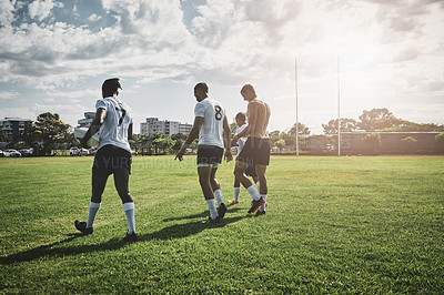 Buy stock photo Teamwork, rugby and training with men on field for stadium, championship and premiership league. Fitness, sports athlete and global competition with people in football club for tournament games