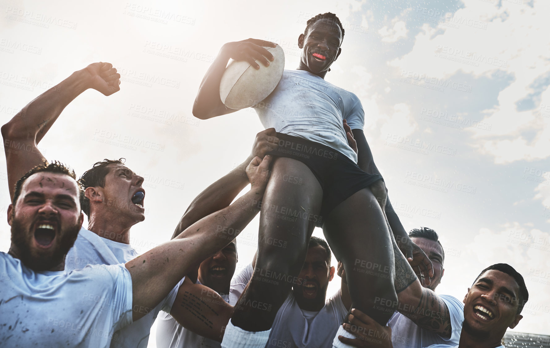 Buy stock photo Teamwork, rugby and success with men for winner, championship and premiership league. Fitness, sports athlete and global competition with people in football club for tournament games and training