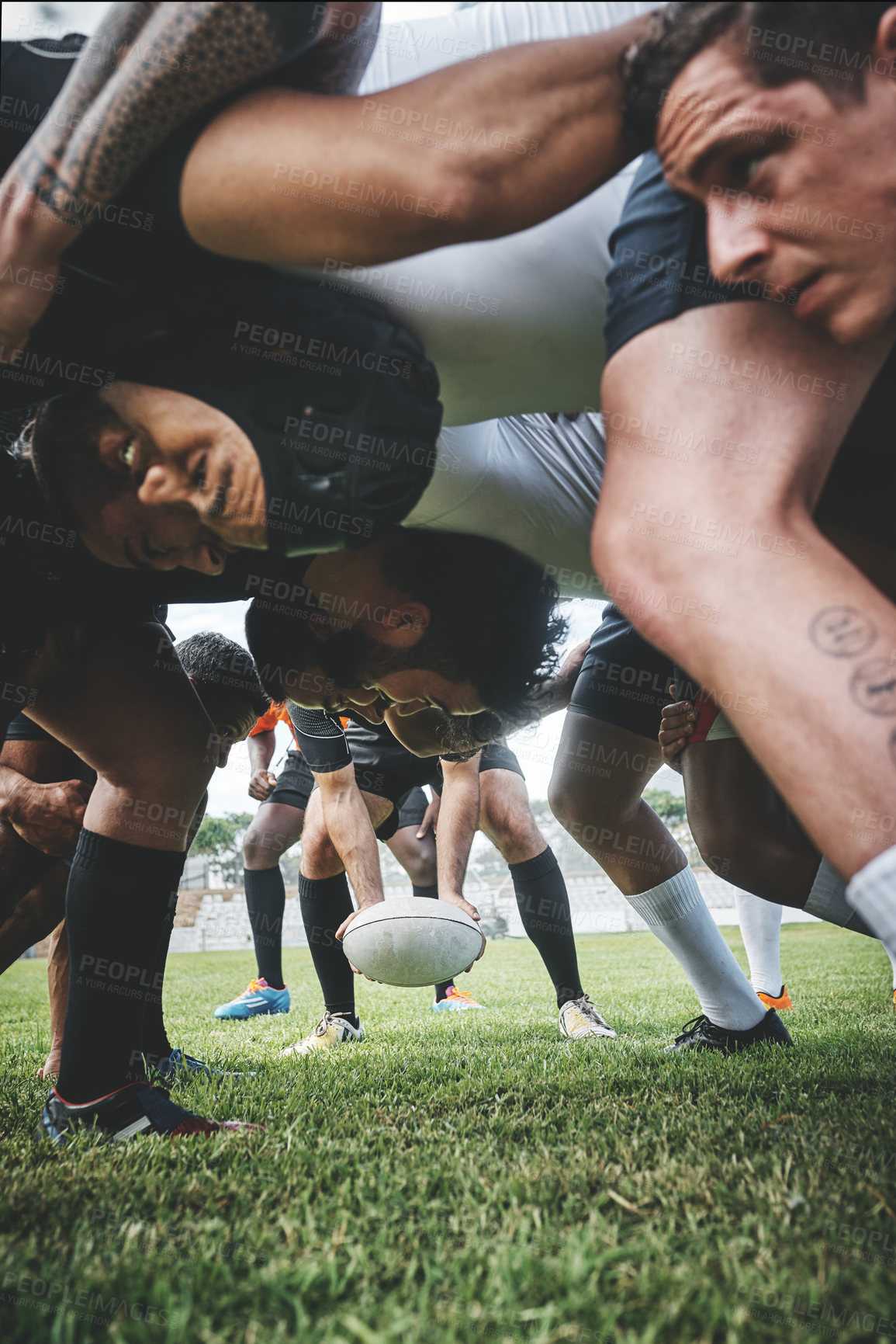 Buy stock photo Teamwork, rugby and scrum with men on field for fitness, sports and premiership league. Challenge, training and competition with group of people in club for games tournament, athlete and stadium