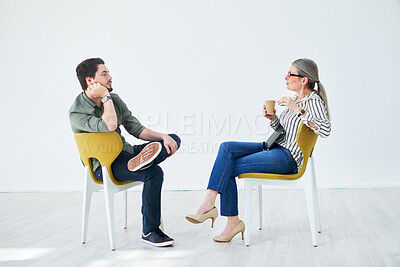 Buy stock photo Man, woman or discussion in office space for creativity, brainstorming or new opportunity. Mature mentor, intern or chat in design agency with proposal, planning or pitch for career growth in company