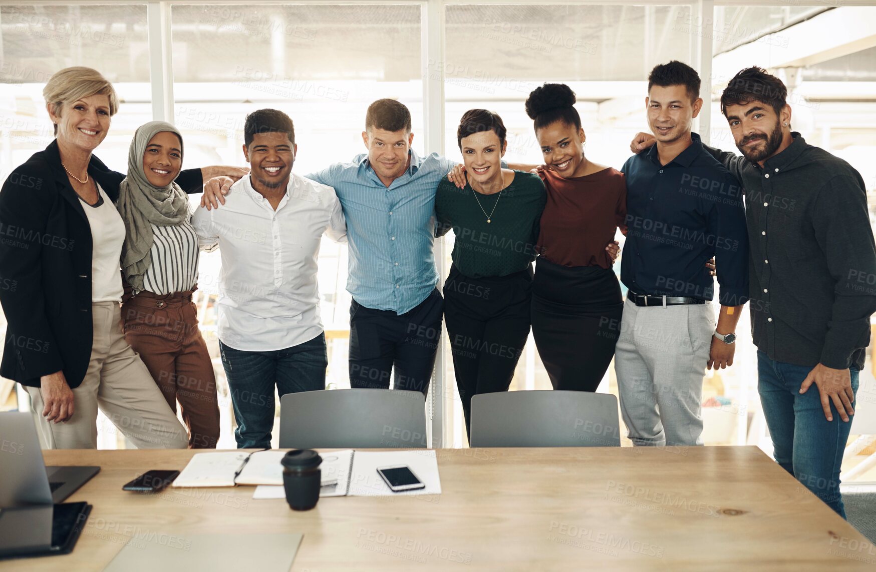 Buy stock photo Collaboration, portrait and smile of business people in boardroom of office for meeting or planning. About us, corporate and diversity with confident employee team in workplace for project management