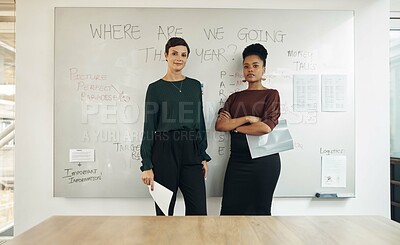 Buy stock photo Portrait, vision and whiteboard with business women in boardroom of office for coaching or training. Development, seminar and workshop with confident employee people in professional workplace