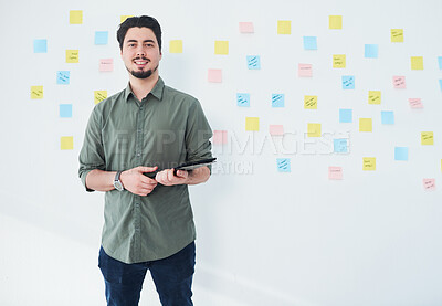 Buy stock photo Sticky notes, portrait and man with tablet, office and confident for project, creative and happy. Wall, digital and person with smile for business, market researcher and analysis of target audience