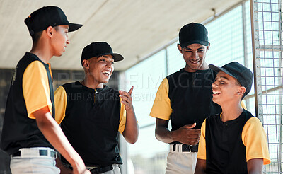 Buy stock photo Baseball, team and talking with smile, sports and joke in dugout, laughing and bonding with conversation. Competition, funny and together for practice, outdoor and players of softball and people