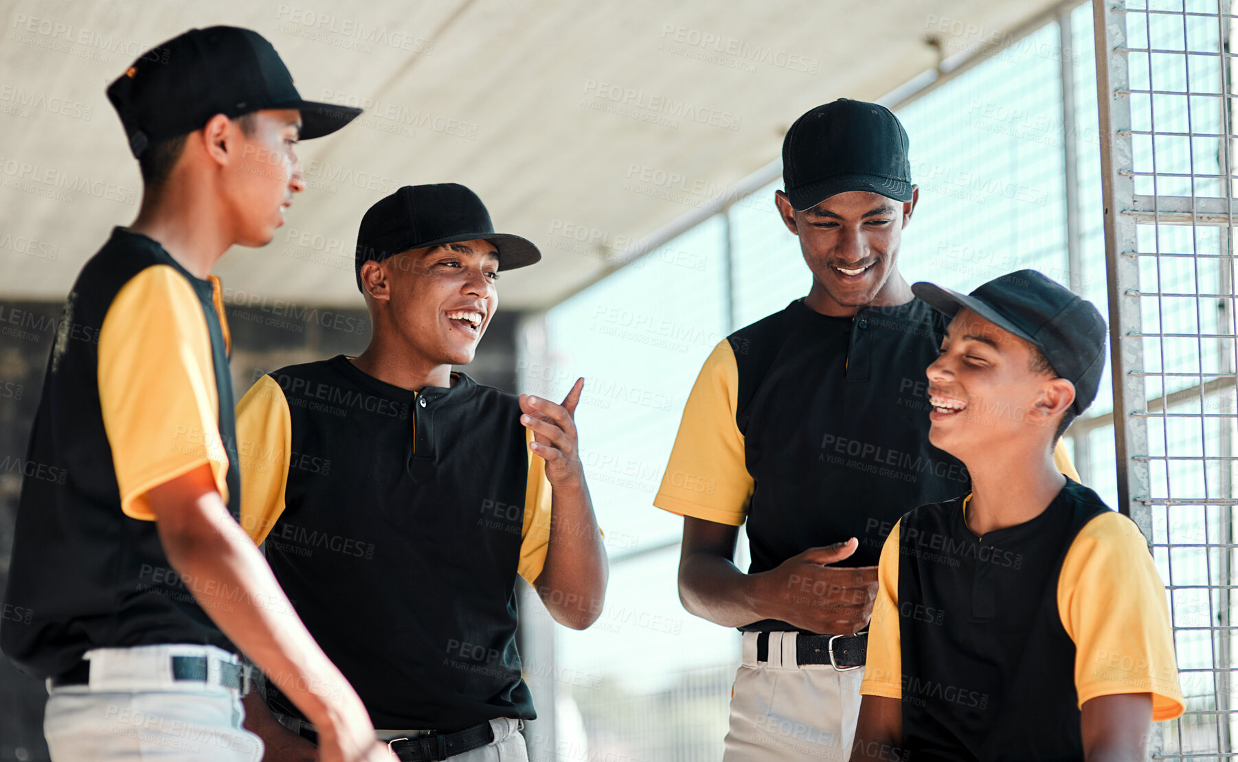 Buy stock photo Baseball, team and talking with smile, sports and joke in dugout, laughing and bonding with conversation. Competition, funny and together for practice, outdoor and players of softball and people