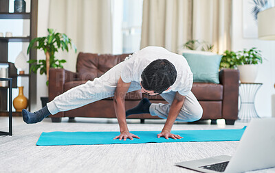 Buy stock photo Fitness, crow pose and man with yoga in home for flexibility, mindfulness and wellness exercise. Challenge, balance and male person with kakasana position for pilates workout in living room at house.