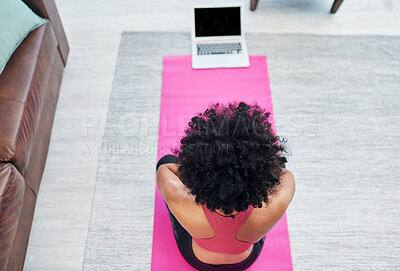 Buy stock photo Yoga, woman and laptop on floor in house for online pilates routine and watching exercise video for tutorial. Top view, yogi and technology on mat for virtual class and fitness lesson in living room