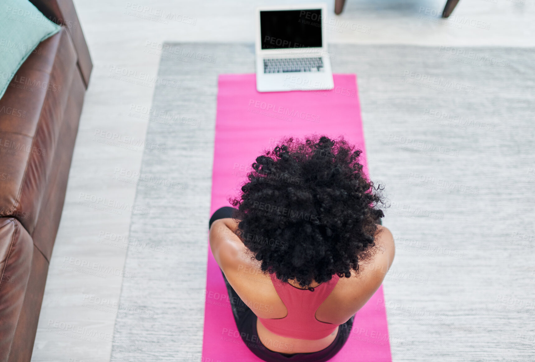 Buy stock photo Yoga, woman and laptop on floor in house for online pilates routine and watching exercise video for tutorial. Top view, yogi and technology on mat for virtual class and fitness lesson in living room