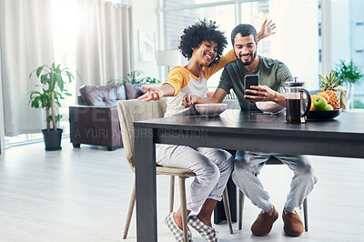 Buy stock photo House, selfie and couple with breakfast, love and smile with happiness, memory and picture. Apartment, mobile user and man with woman, cellphone and food with communication, funny or bonding together