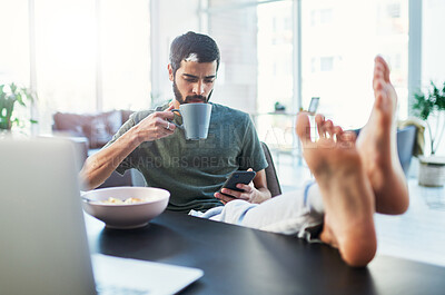 Buy stock photo House, breakfast and man with smartphone, coffee and typing with social media, connection and texting. Apartment, person and guy with herbal tea, cellphone and online reading for news and message