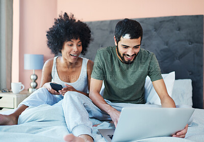 Buy stock photo Laptop, couple and laughing in home bedroom, bonding and streaming funny comedy on bed. Man, woman and happy people on social media, online browsing or scrolling for comic meme or video search