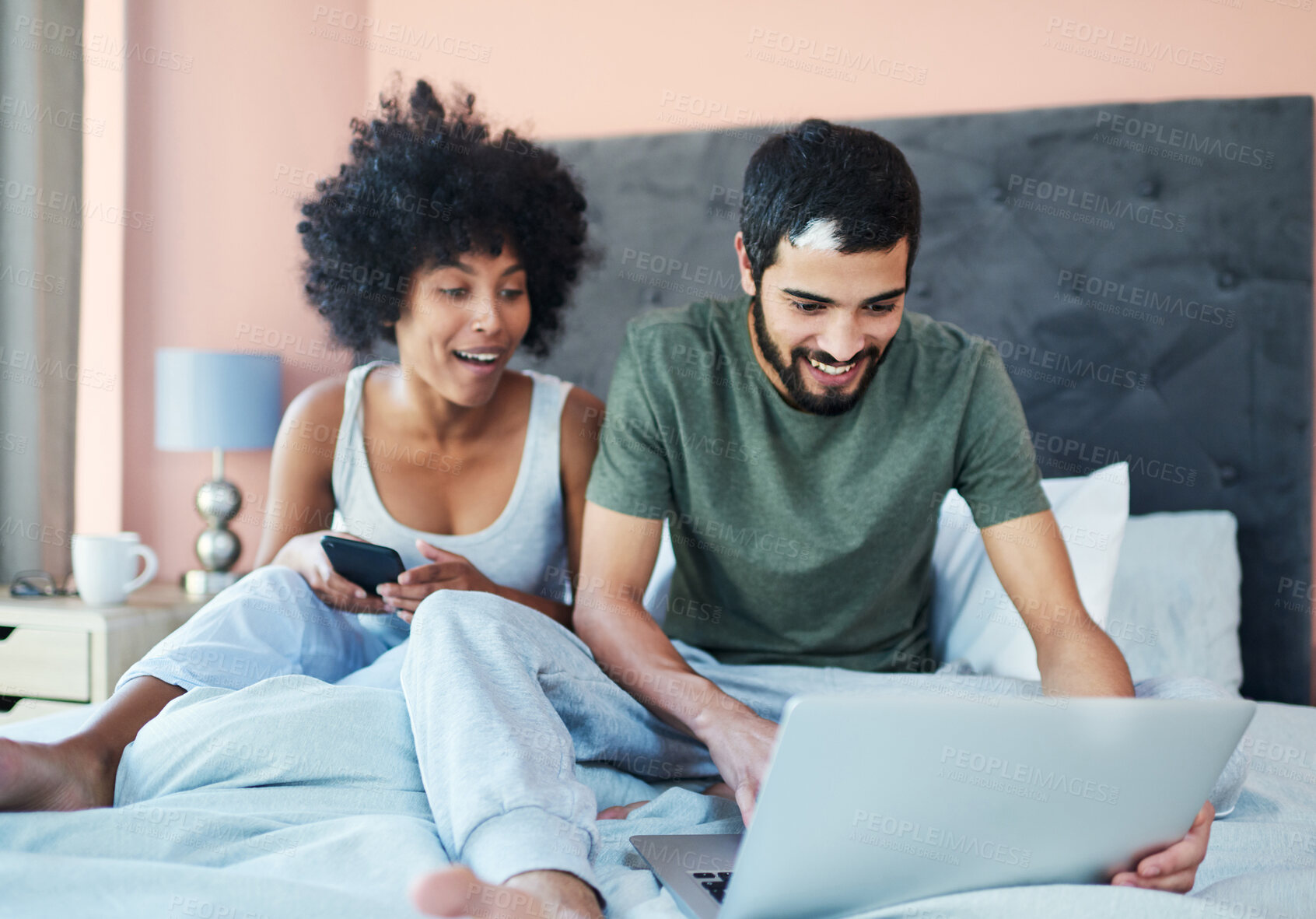 Buy stock photo Laptop, couple and laughing in home bedroom, bonding and streaming funny comedy on bed. Man, woman and happy people on social media, online browsing or scrolling for comic meme or video search