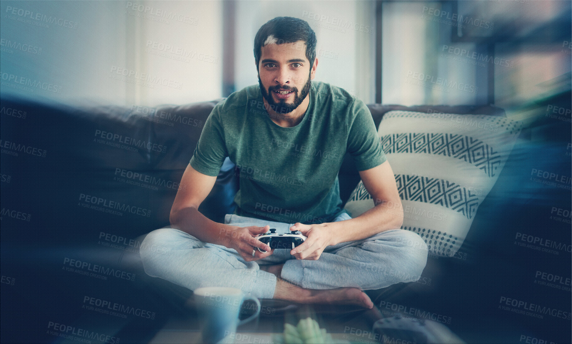 Buy stock photo Man, portrait and video gamer for esports, fun and relax in home for entertainment as online player. Male person, controller and living room on weekend for competition, challenge and virtual reality