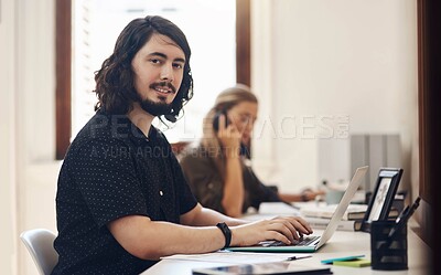 Buy stock photo Research, writer and portrait of man on laptop for writing report, editing or creative agency for media. Startup, news and journalist typing online for publication website or reading blog update 