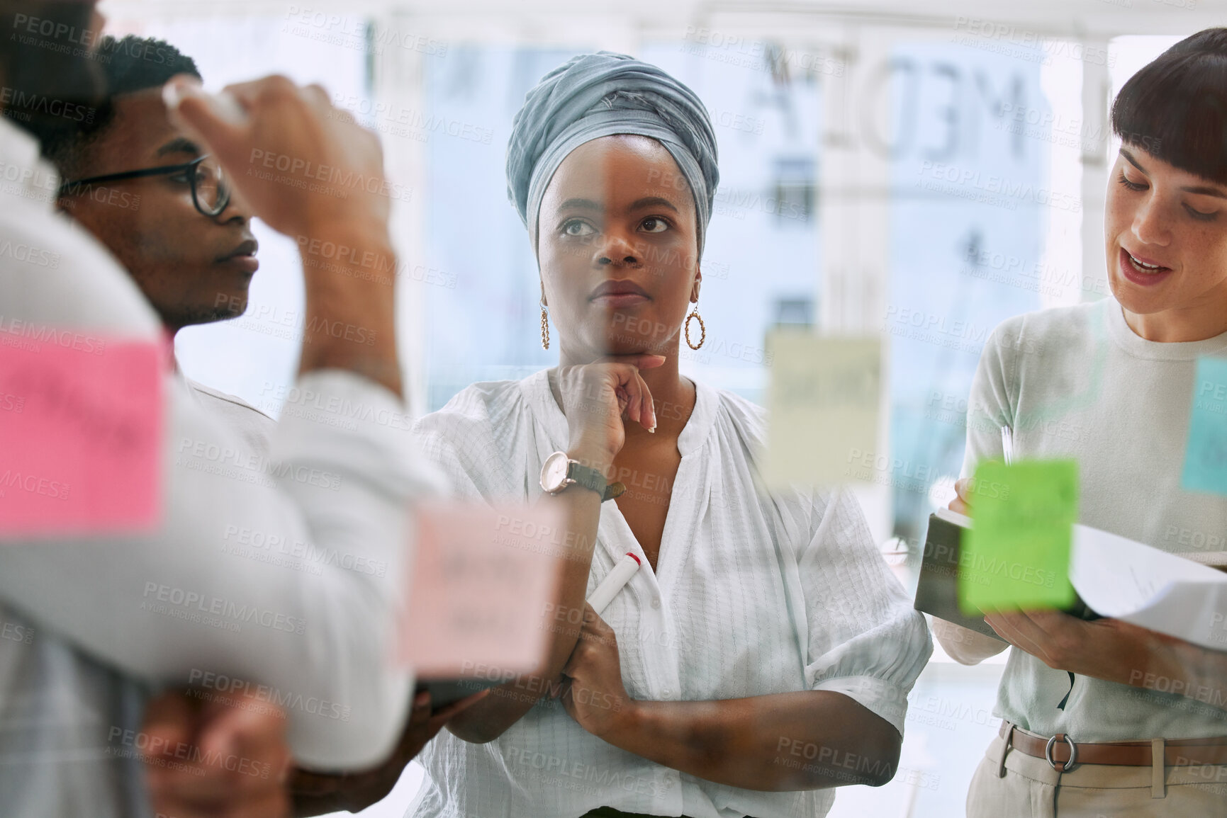 Buy stock photo Thinking, planning and business people teamwork, brainstorming and discussion of project goals and sticky notes. Employees, group or african woman ideas, collaboration and solution on glass moodboard