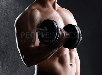 Buy stock photo Hands, topless or man in studio for dumbbell workout, training or exercise for bodybuilding strength. Black background, fitness or healthy athlete with weights for arms, sports challenge or wellness