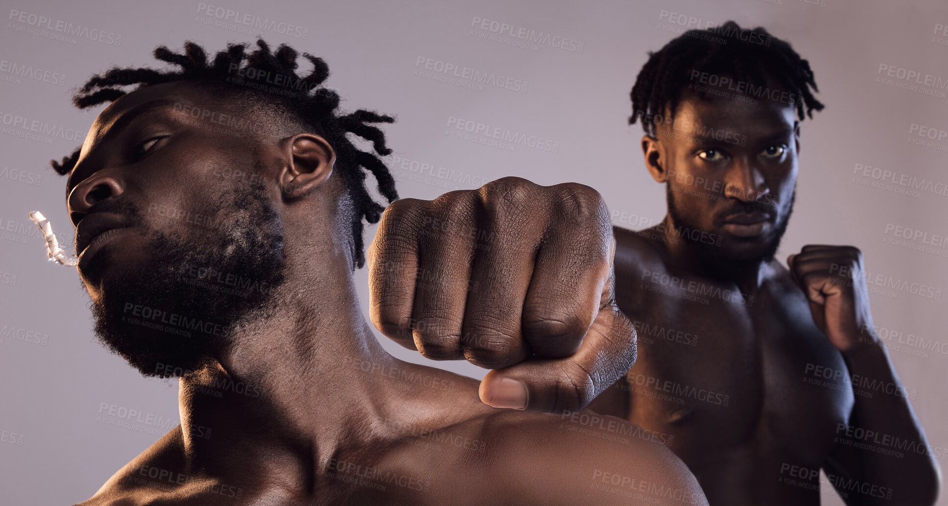 Buy stock photo Fist, martial arts and man with punch in studio for strength competition, action exercise or fight training on gray background. Power, body and male athlete for confidence, challenge or combat sport