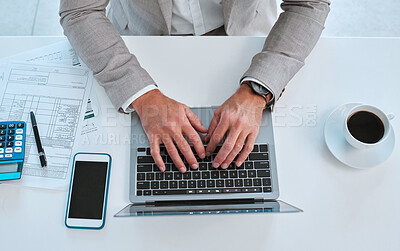 Buy stock photo Businessman, above typing and laptop on desk for corporate budget, online spreadsheet and calculating expenses in office. Accountant, PC and calculator for financial planning and company loan faq