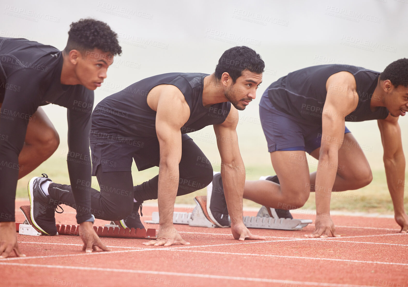 Buy stock photo Men, race and running start in stadium for marathon, challenge and training for sport and fitness. Competition, outdoor and workout of group with cardio in arena with runner, exercise and sprint line