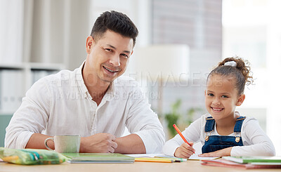 Buy stock photo Man, child and portrait in home for education, support or helping with homework. Father, happy girl and books in living room for learning, assistance or knowledge development with smile for growth