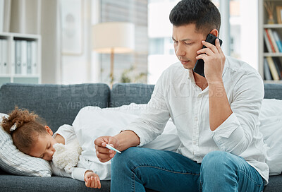 Buy stock photo Phone call, sick kid and dad with thermometer to check temperature for mpox virus in home. Mobile, father and girl with allergies, disease or telehealth chat for symptoms, healthcare advice or help