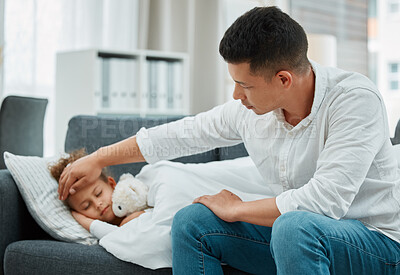 Buy stock photo Sick kid, father and check temperature in home for virus, fever or mpox in living room. Dad, child and touch forehead for disease, allergies and help girl recover, healing and support for healthcare