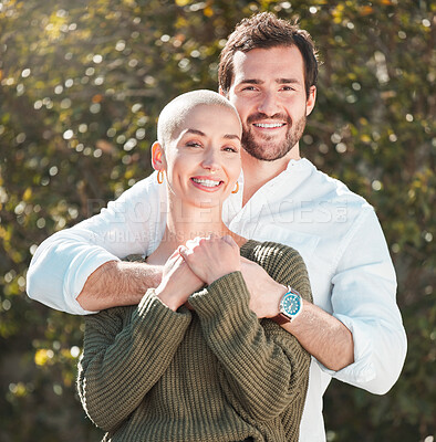 Buy stock photo Happy couple, portrait and holiday hug in park, outdoor love and proud of security in relationship. People, care and weekend to countryside for bonding, garden and embrace on vacation in Florence