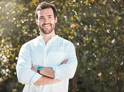 Buy stock photo Portrait, arms crossed and happy man in nature for vacation, travel and pride at park. Face, smile and confident person outdoor for adventure, tourism and relax in countryside on trip in Australia