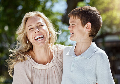 Buy stock photo Laughing, happy and kid with mom in nature for bonding, travel and adventure on vacation. Outdoor, smile and boy child with mother in park for connection with fun on holiday, getaway or weekend trip.